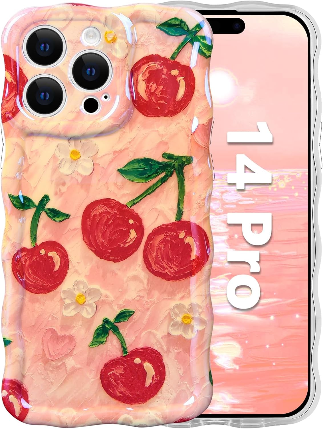 Tcaraersing for Iphone 14 Pro 6.1" Girly Case, Glossy Colorful Retro Oil Painting with Cherry Pattern, Cute Curly Wave Frame Exquisite Soft TPU Mobile Cover for Girls Women image number 5