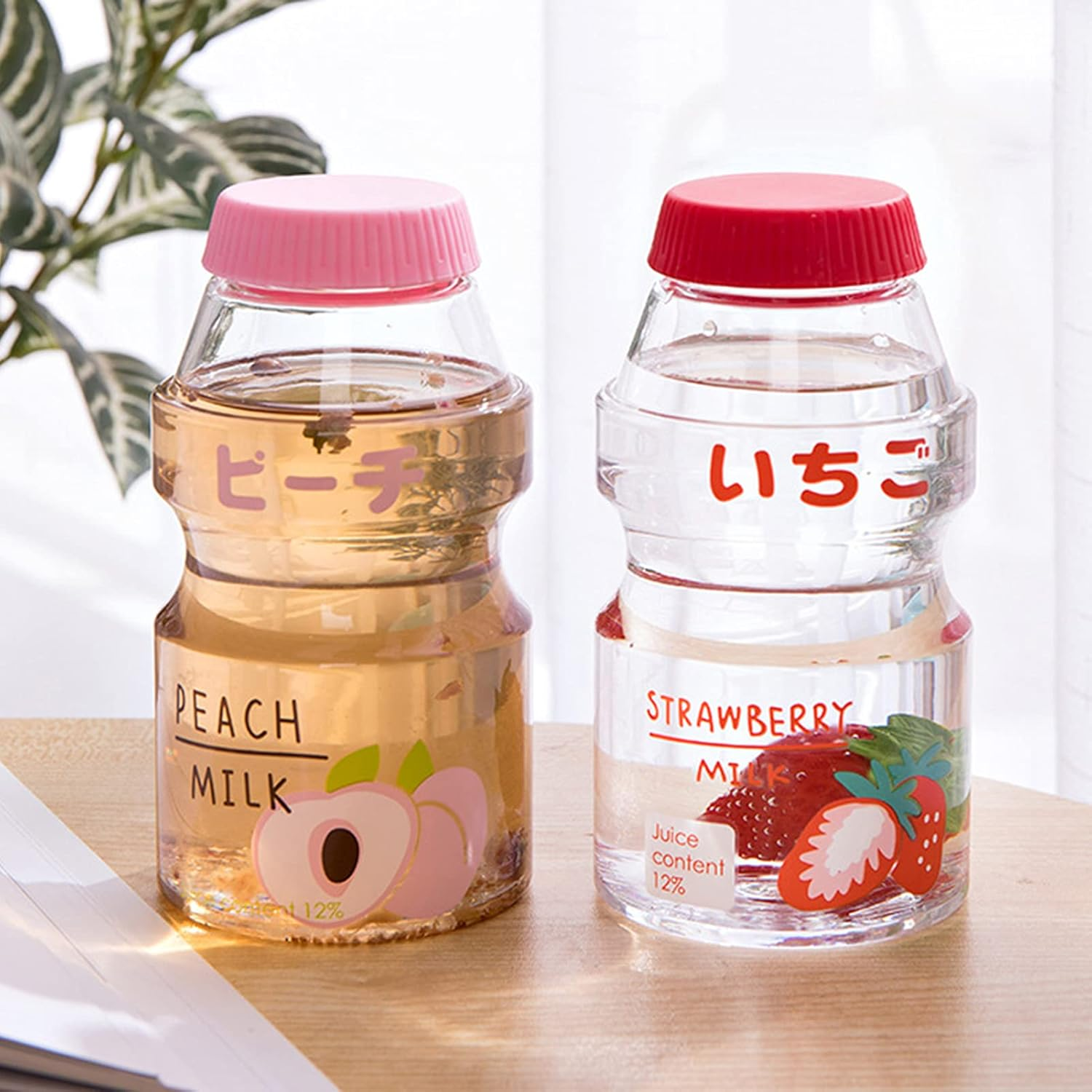 Yirepny Plastic Water Bottle Yakult Shape, Strawberry Lemon Avocado Peach Cartoon Pattern Suitable for Children Boys and Girls Can Be Filled with Milk Coffee Cold Drinks Red image number 5