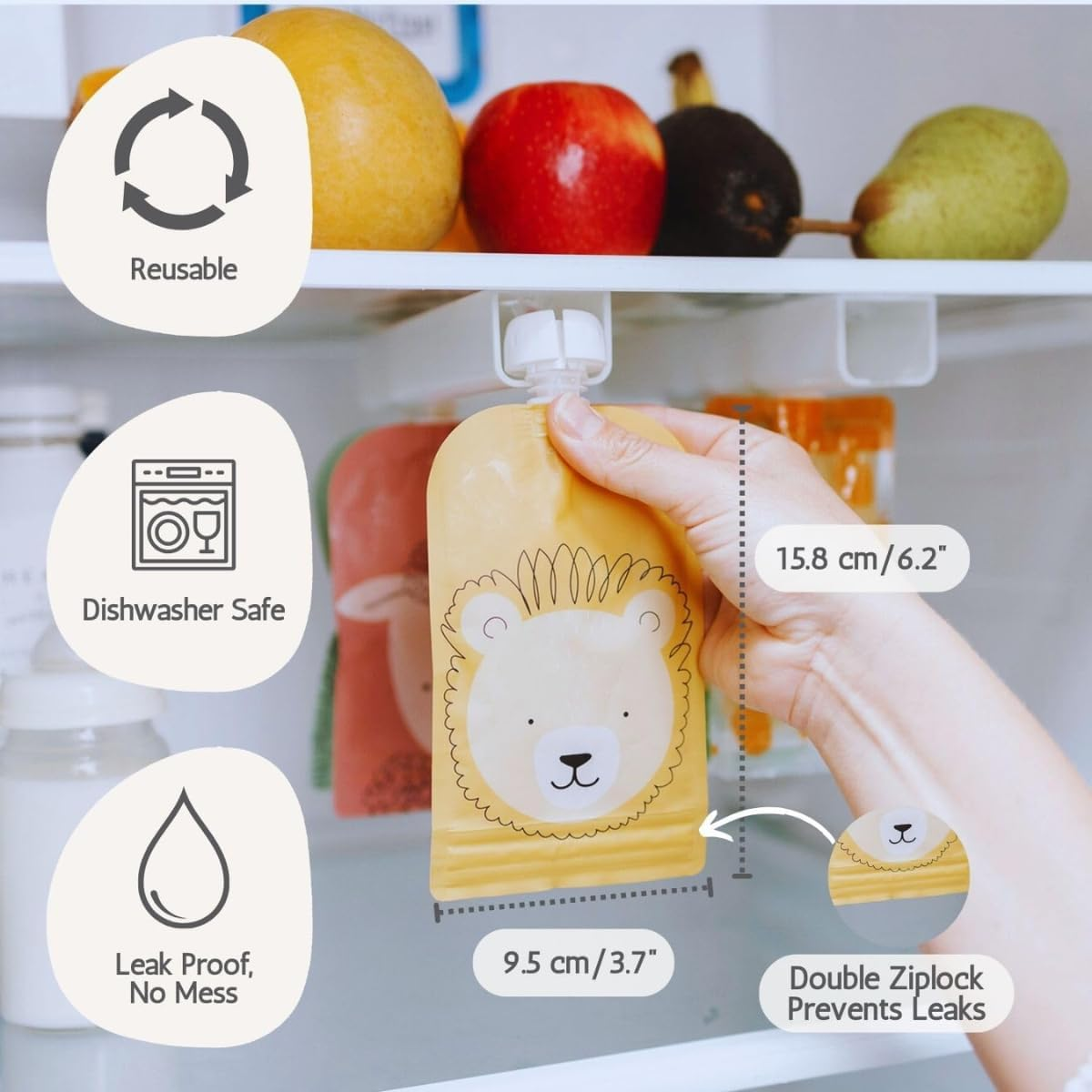 Cherub Baby Refillable Food Pouches 5 Pack 150Ml Leakproof Freezer Safe Bpa-Free Squeeze Bags for Toddler Baby Snacks Reusable Easy Fillable Animal Printed Pouch for Homemade Smoothies Purees Yoghurt image number 1