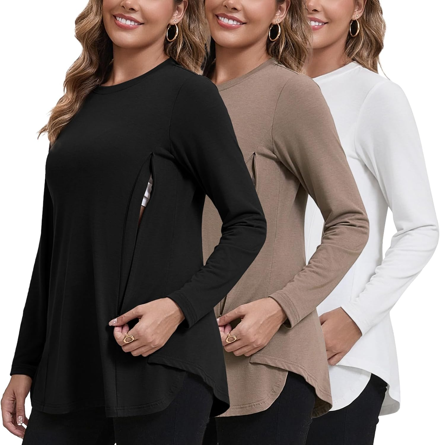 GINKANA Women'S Nursing Shirts Long Sleeve 3 Packs Hidden Zipper Breastfeeding Pumping Tops Side Split Maternity Clothes