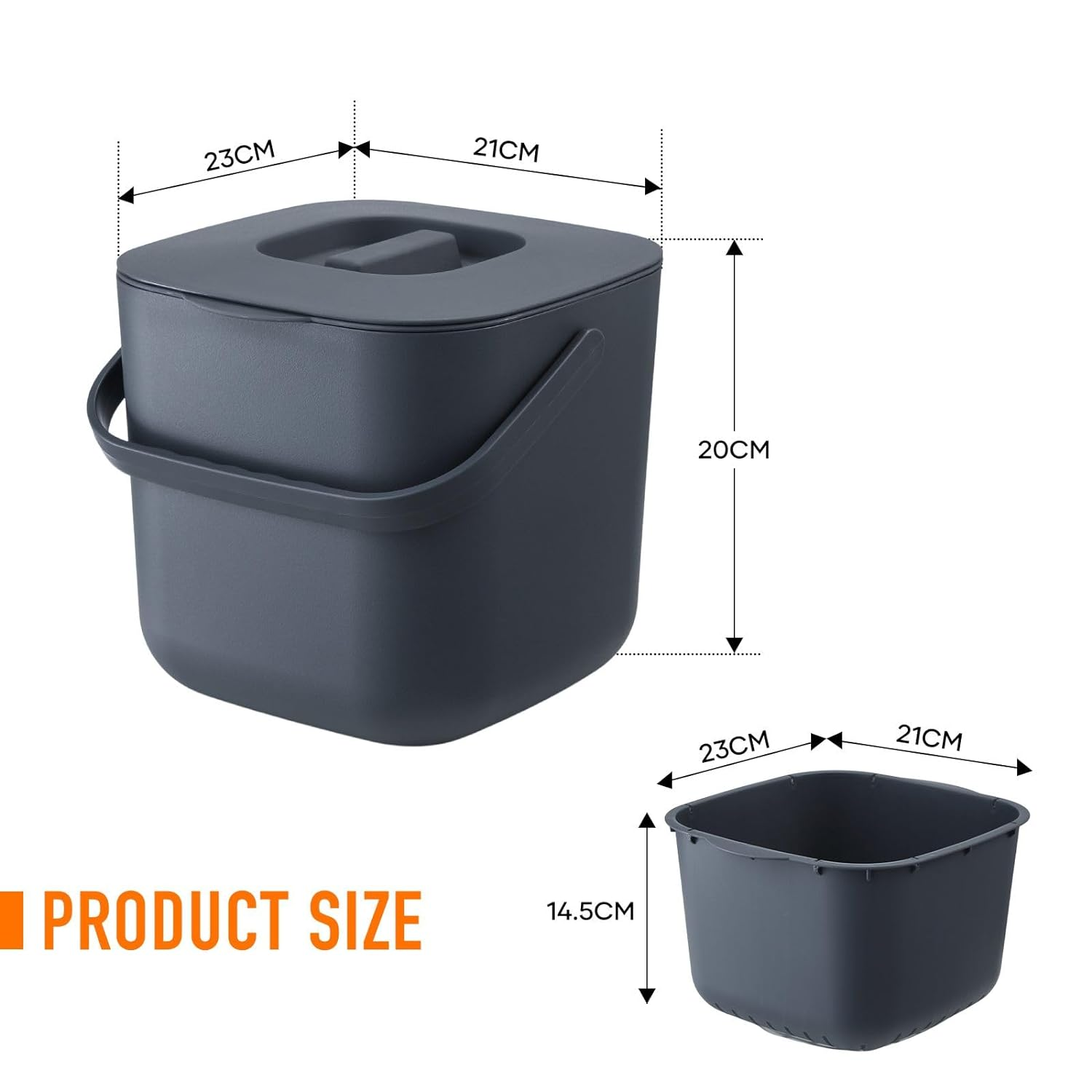 7L Kitchen Compost Bin Plastic Rubbish Waste Bin Countertop Dustbin Trash Can with Detachable Inner Bucket Dark Grey
