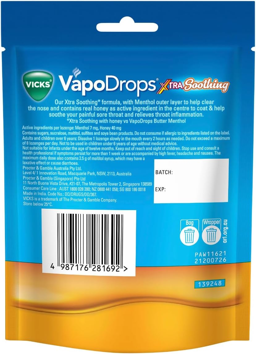 Vicks Vapodrops Xtra Soothing 16 Honey Centre Lozenges image number 6