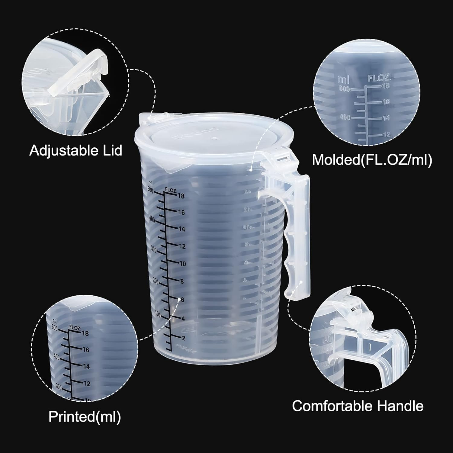 Measuring Cup with Scale Liquid Container Measuring Jug with Handle Clear Baking Accessories Water Pitcher Jug for Tea Shop Black Graduations with Handle Lid and Spout for Lab Kitchen Home (0.5L) image number 1