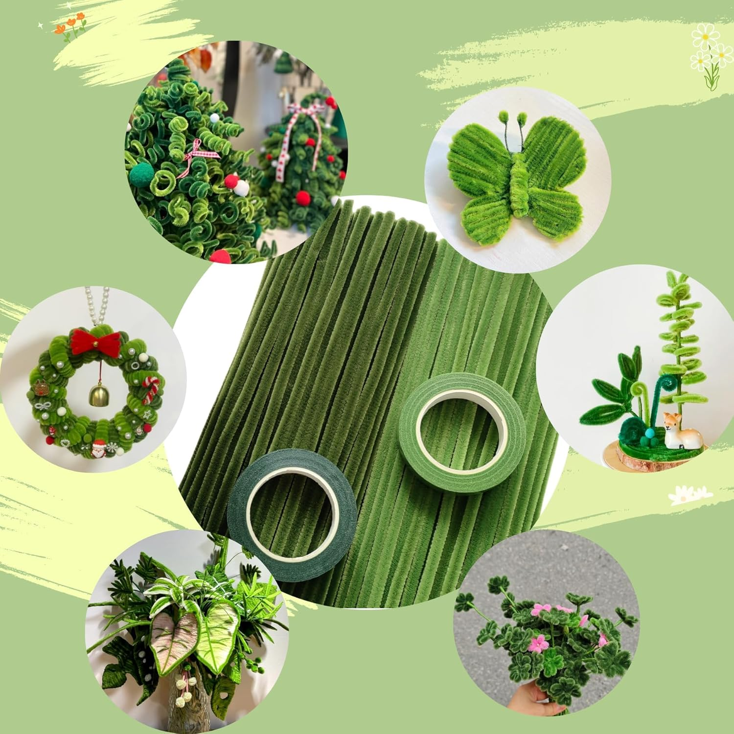 200 Pcs Green Pipe Cleaners(Dark & Light) and 15 Green Foral Wires,2 Gardening Tapes,Hot Glue Stick,Pipe Cleaners for Crafts,Flower Making Kit,Pipe Cleaner Flowers image number 5