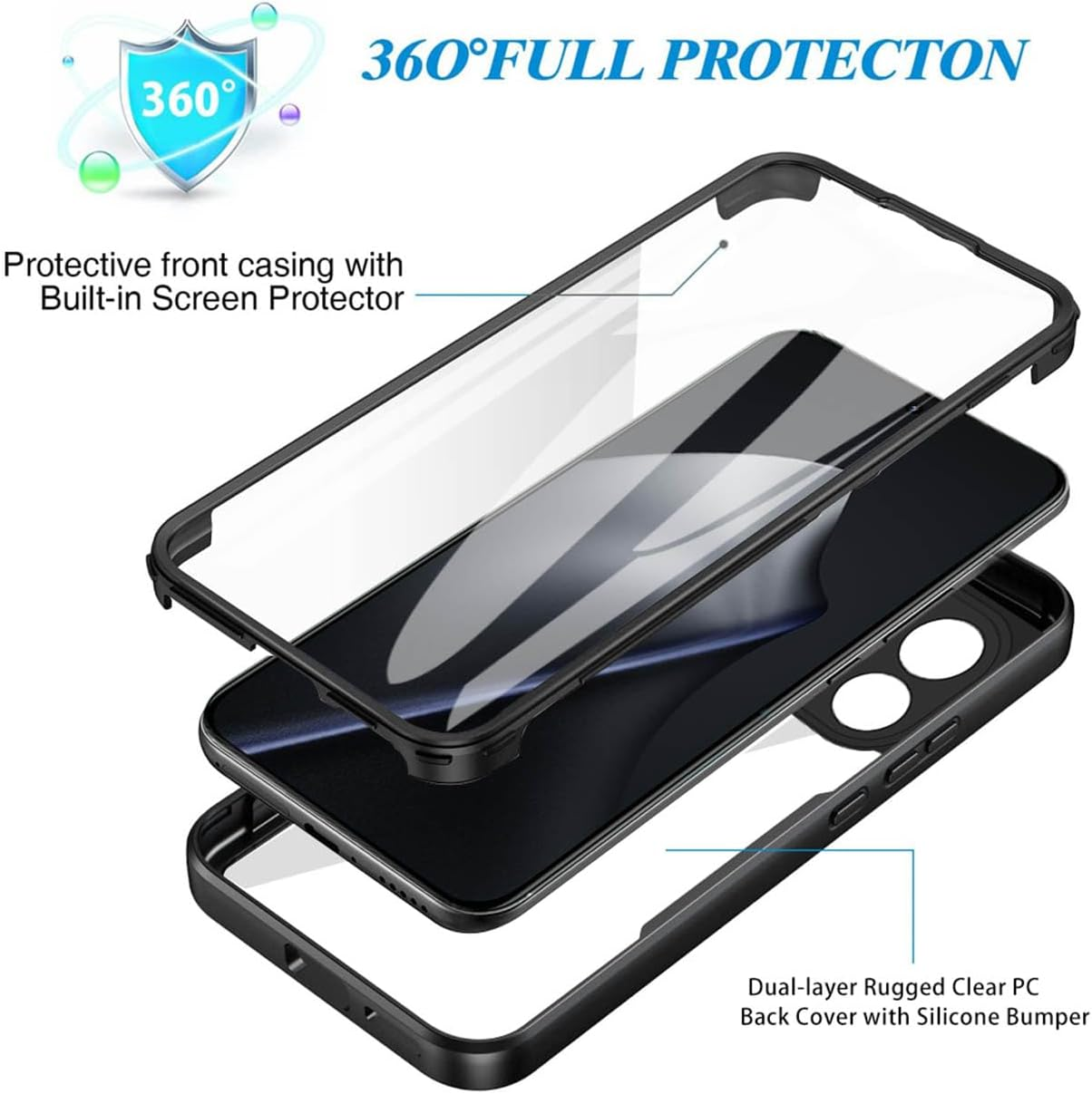 UPLAI Transparent Case for Xiaomi 15T Pro 5G, 360 Degree Full Body Military Grade Shockproof Mobile Phone Case Built-In Screen Protector, Soft TPU Bumper Protective Case, Black image number 4
