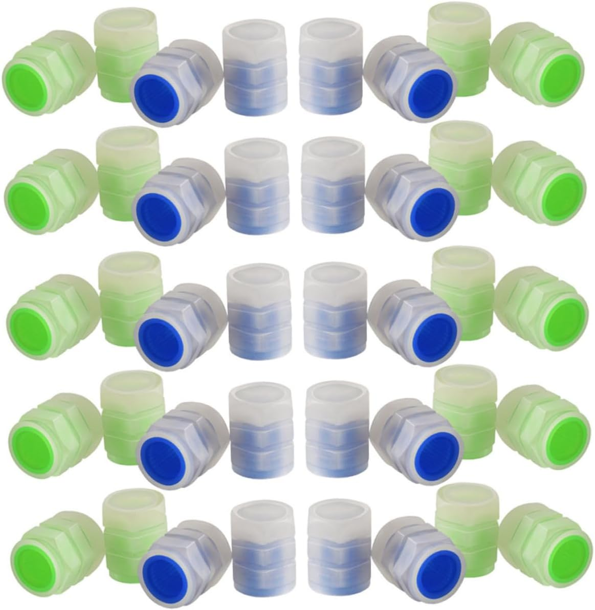 ASAKKURA 40Pcs Luminous Plastic Tire Valve Stem Caps, Glow Green and Blue, Night Glow Dustproof Covers for Car and Truck Tires, Universal Fit for Automotive Wheel Accessories image number 1