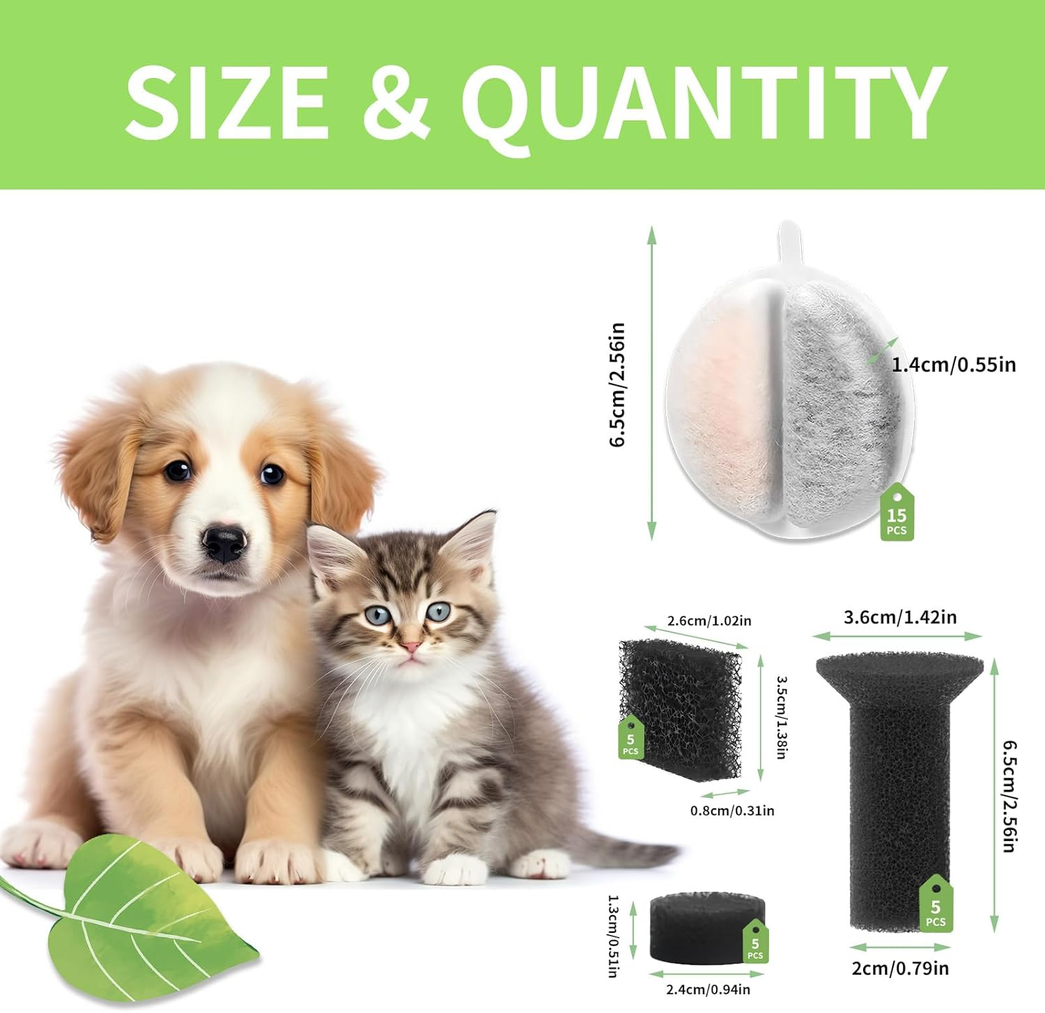 Cat Fountain Filter, Pack of 15 Replacement Filters with Resin Activated Carbon, Drinking Fountain Filter with 15 Replacement Sponge in 3 Shapes, Filter for Cat Fountain for 84FL Oz/2.5 L Drinking image number 6