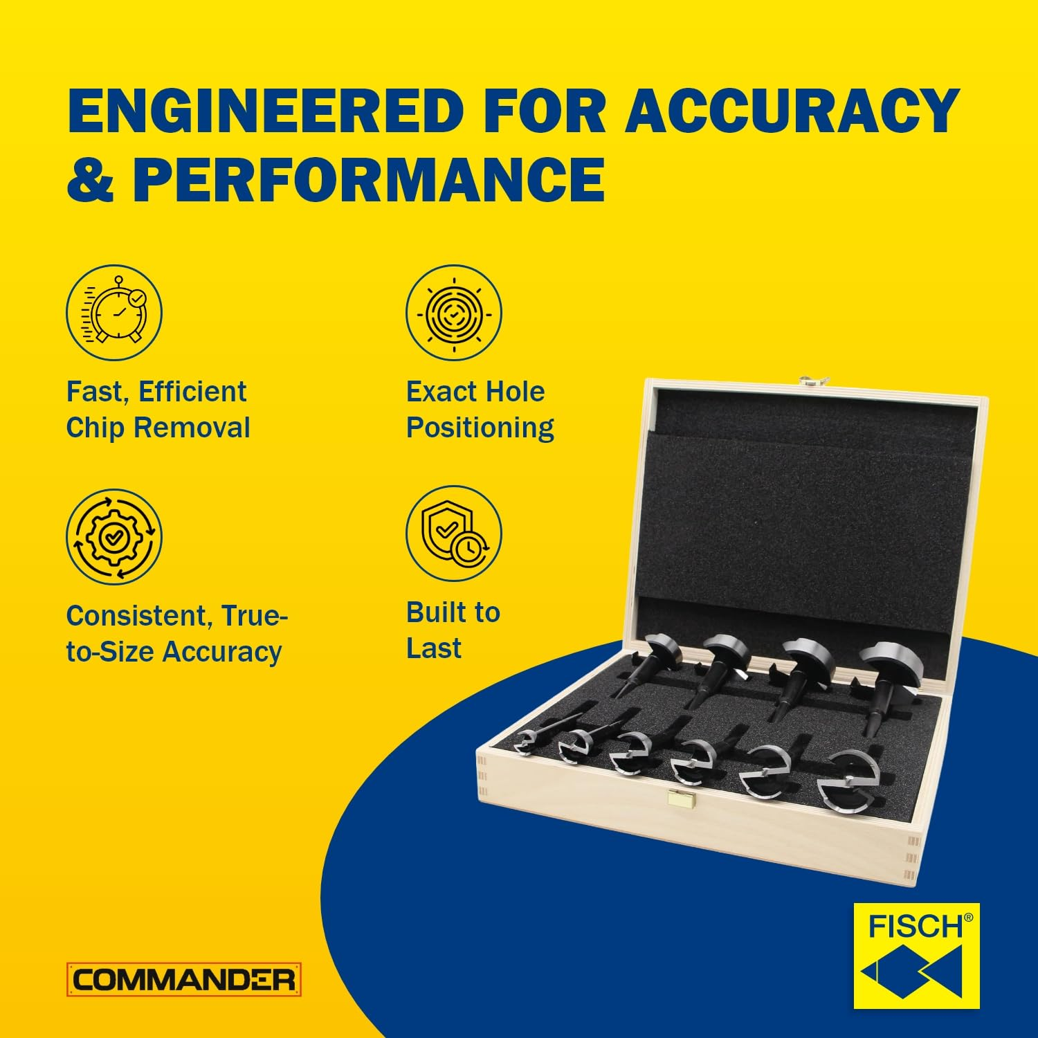 Black Shark Pro Forstner Drill Bit Set 10 Pieces Diameter 15-20-25-26-30-35-40-45-50-55 Mm Length 90 Mm in Wooden Case image number 2