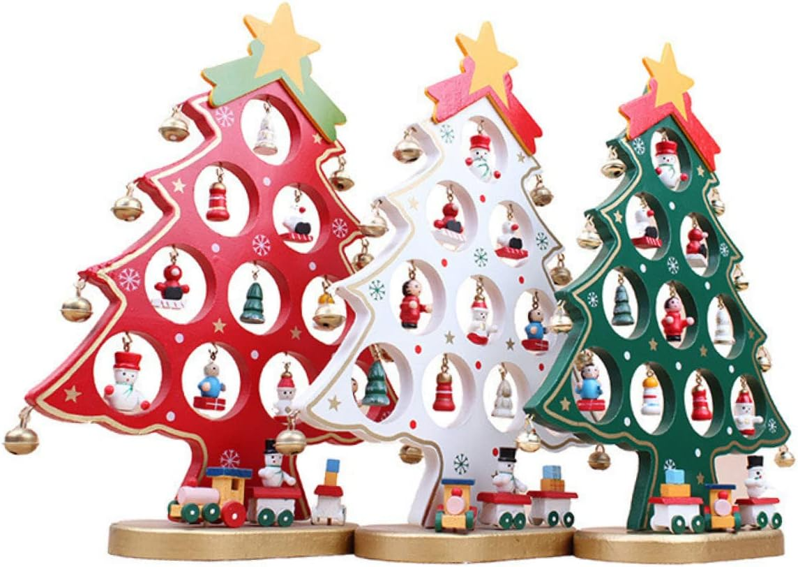 Cartoon Style Wooden Christmas Tree Mini Red Desktop Christmas Tree Christmas Ornament Home Decor image number 2
