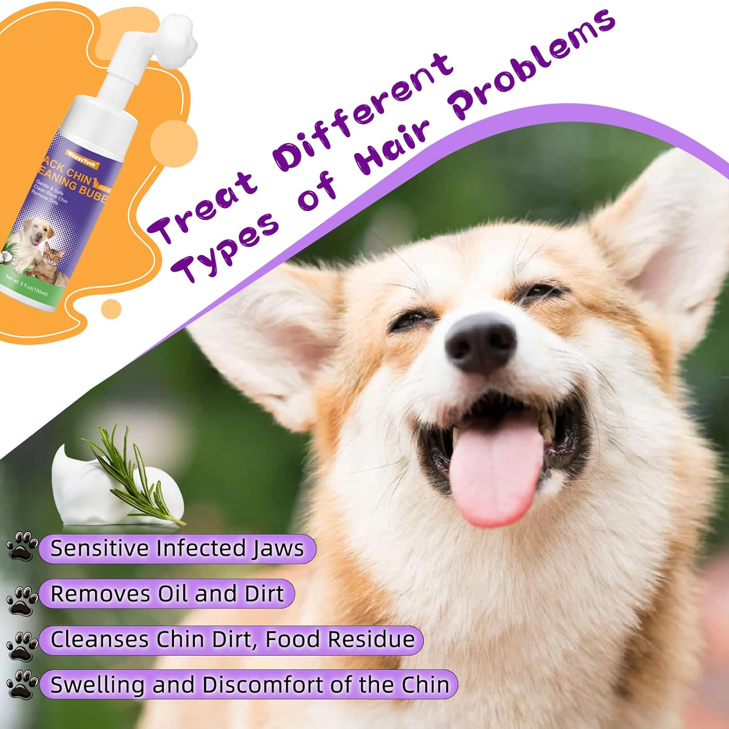 Cat Black Chin Acne Cleaner 5Oz (150 Ml), No-Rinse Pet Care Mousse with Soft Brush Head, Removes Blackheads & Degreases Tails, Pet Hair Health Shampoo - Dryness | Oil | Dirt image number 5