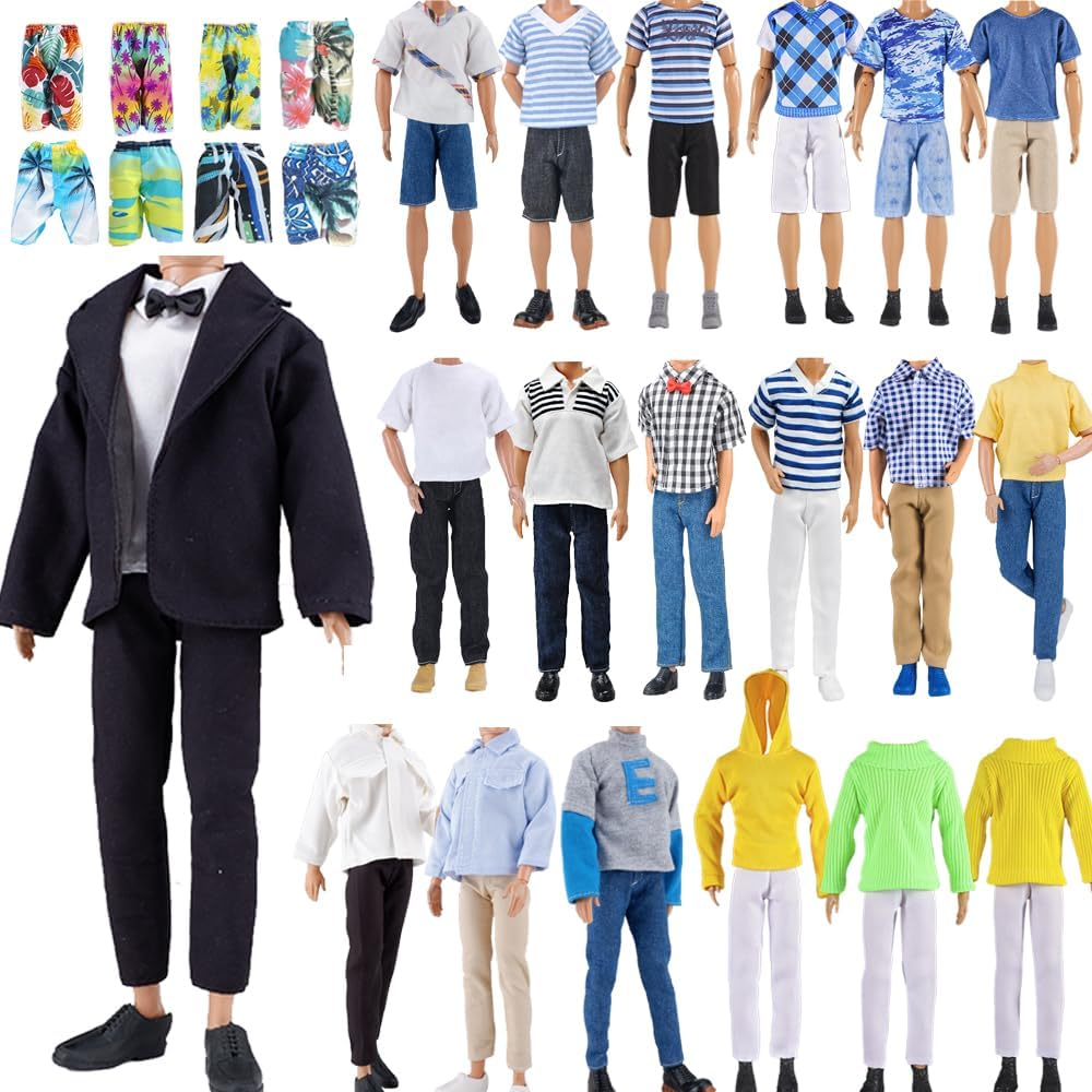 E-TING 10-Item Fantastic Pack = 5 Sets Fashion Outfit for 12" Boy Doll (Casual Wear Clothes + Black Suit + Swimwear) image number 4