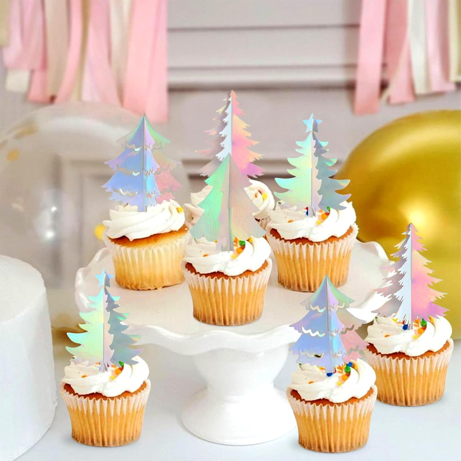 24 Pack 3D Tree for Woodland Theme Party Decoration Xmas Christmas Cupcake Picks Backdrop Tree Garland Decor for Birthday Party Baby Shower Christmas New Year Party Decorations Sliver image number 2