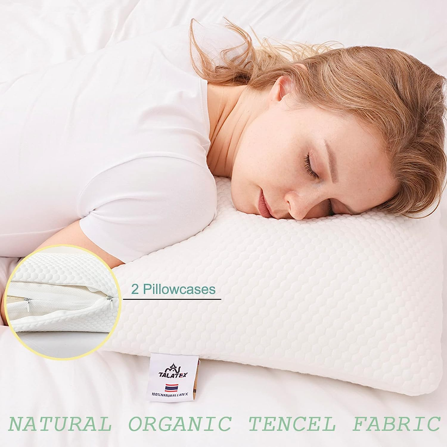 Talalay 100% Natural Premium Latex Pillow, No Memory Foam Chemicals, Resistant to Sagging, Perfect Package Best Gift with Removable Tencel Cover image number 1