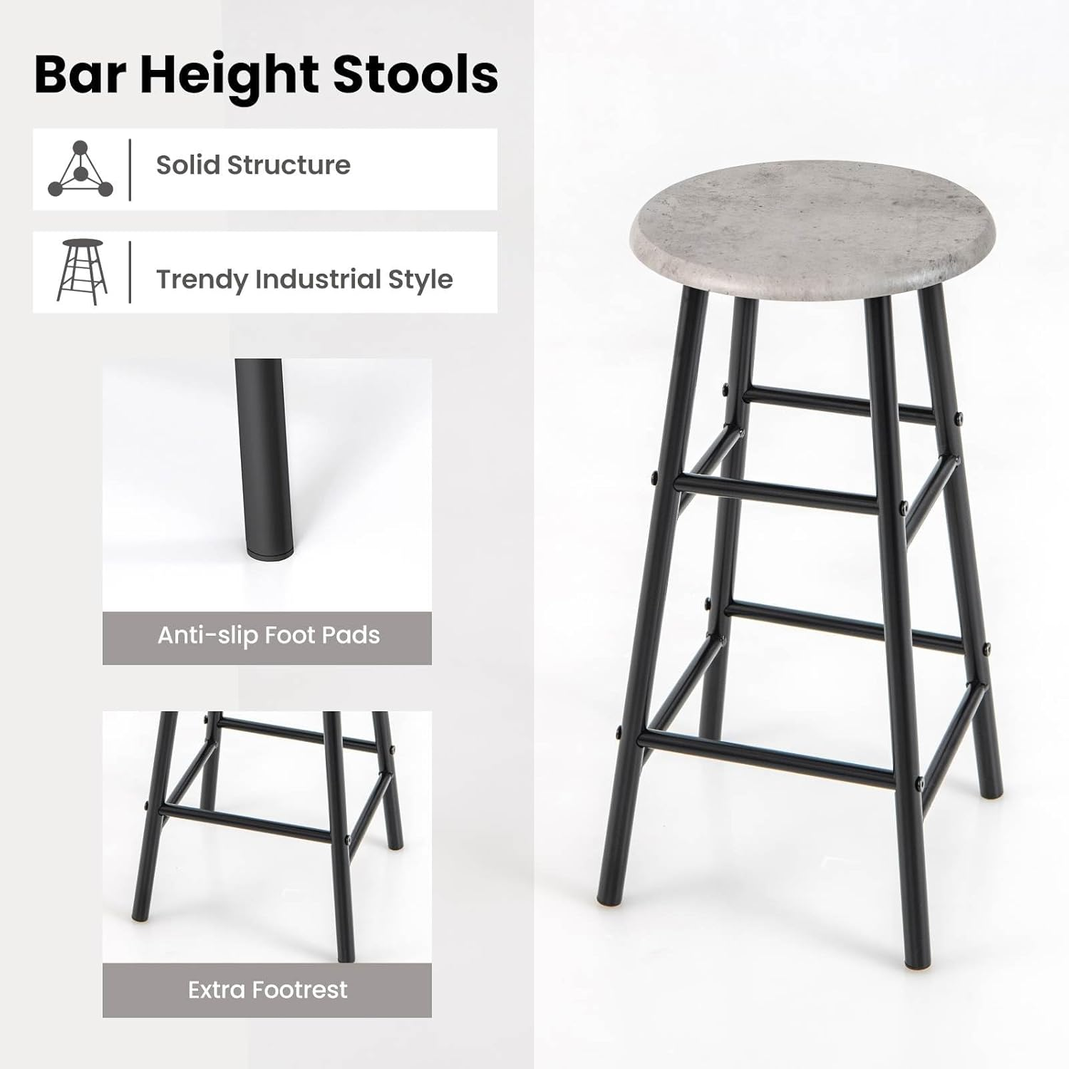 Giantex 3PCS Bar Table and Chair Set, Industrial Pub Table and Stools with Wine Glass Holders & 6-Bottle Wine Racks, Counter Height Dining Table Set for Living Room Dining Room Kitchen, Grey - Brown image number 5