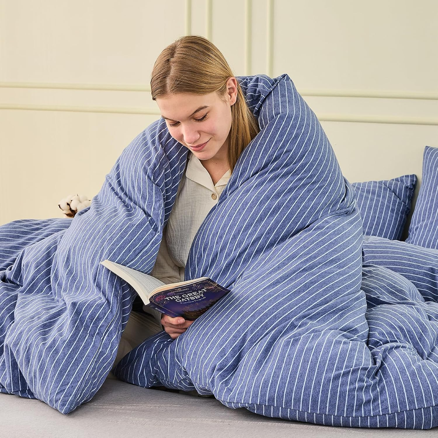 Jersey Cotton Knit Quilt Cover Set 100% Cotton T-Shirt Duvet Cover Set Super Soft Comfy 3Pc Cotton Doona Cover with Zipper Closure (Blue & White Pinstripe, Queen) image number 2