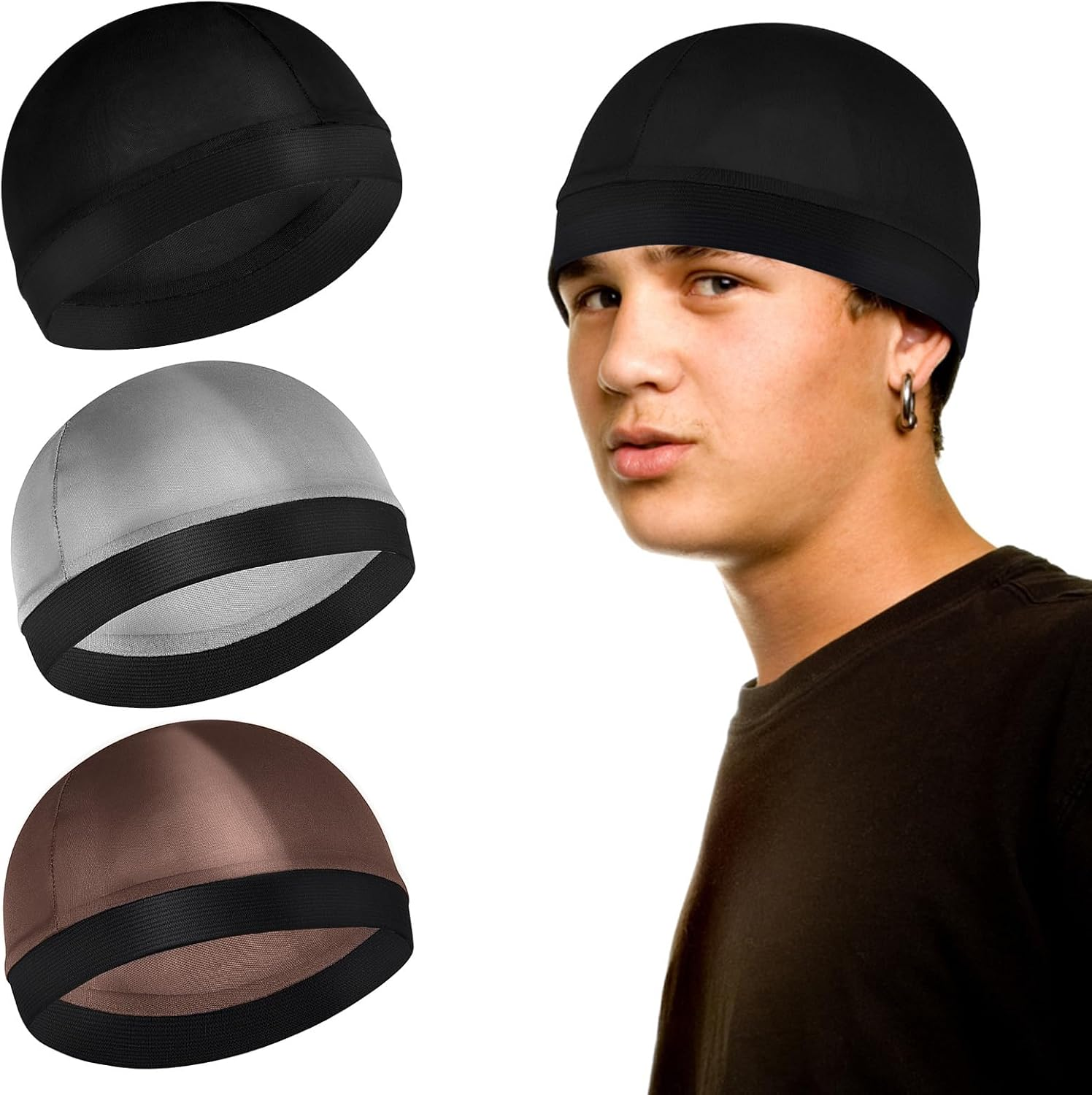 Sibba 3 Pieces Unisex Satin Silky Wave Caps 360 540 720 Wave Elastic Band Silky Durag Headwear Stockings Wig Beanie Cap