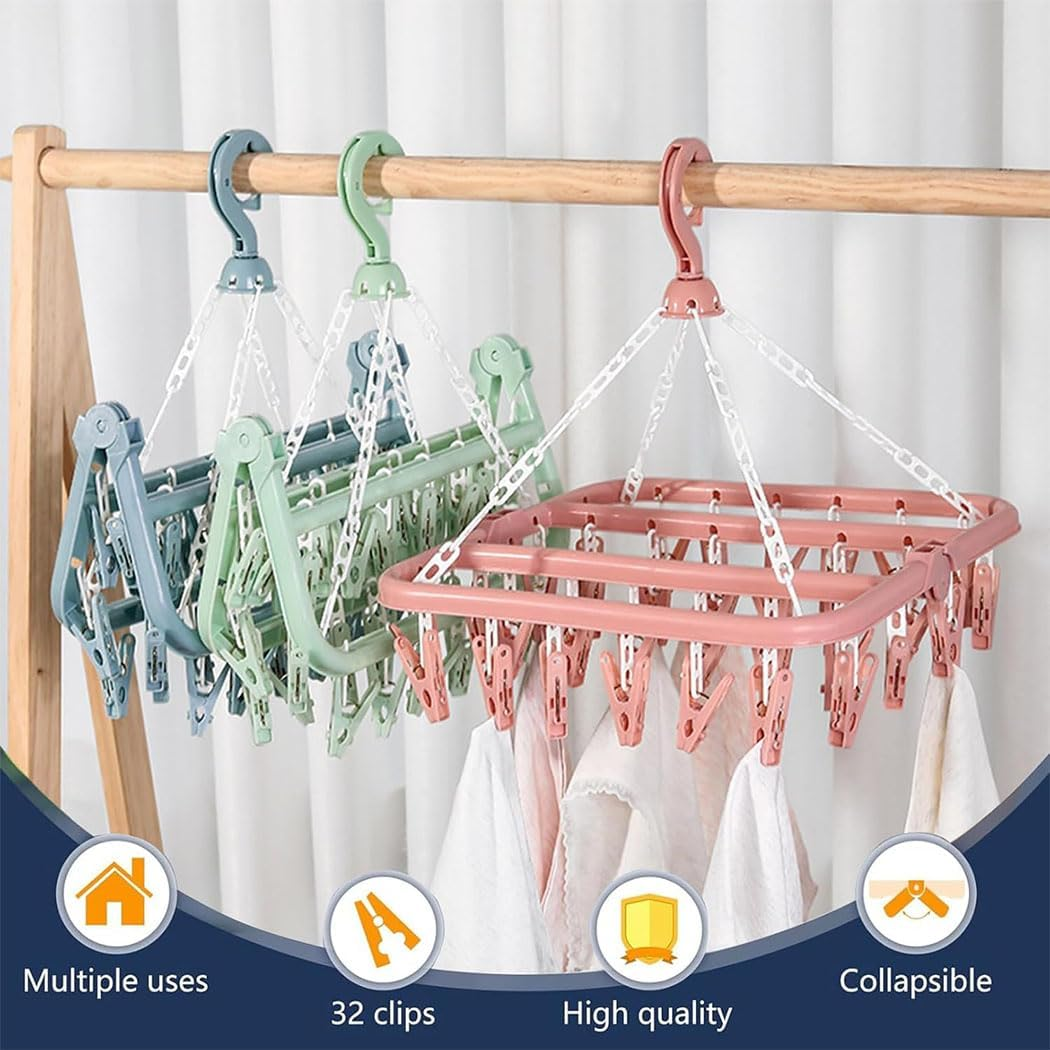 Idopick 2 Pack Clothes Hanger Drying Rack with 32 Clips, Plastic Clothes Drying Hanger and Drip Foldable Hanging Rack Windproof Pegs Hook for Drying/Socks/Underwear/Clothes/Towels (Pink) image number 1