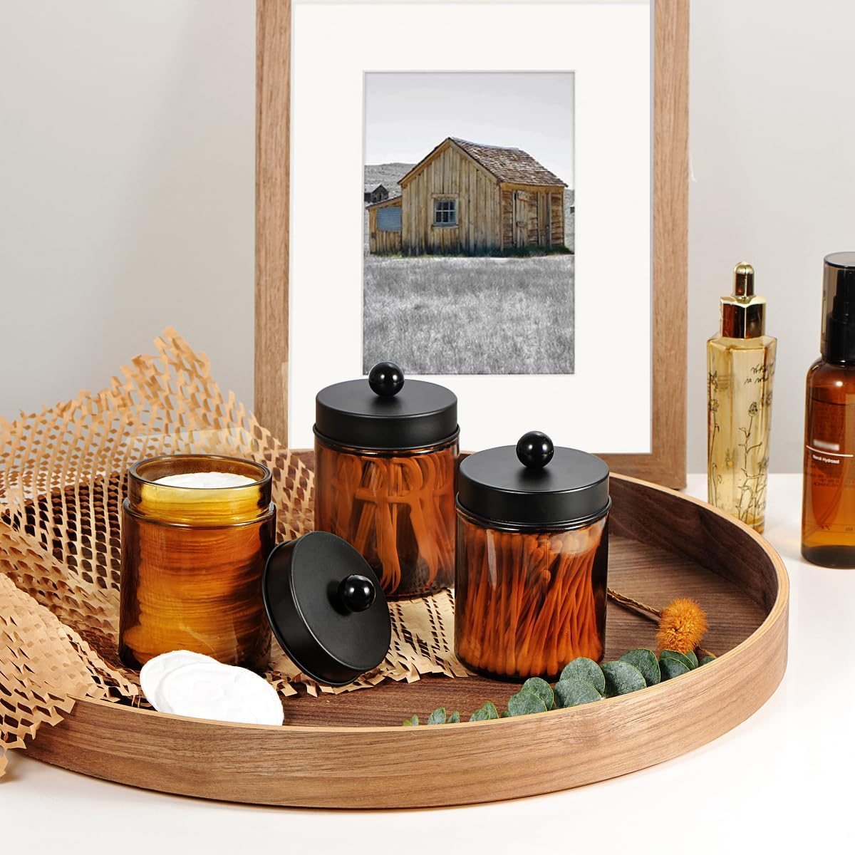 Amber Glass Qtip Holder, Apothecary Jar,Qtip Dispenser with Metal Lid & Stickers- 3Pack Containers,Vanity Canister Organizer Storage,Bathroom Accessories Set for Cotton Swab, Ball, Pad, Floss