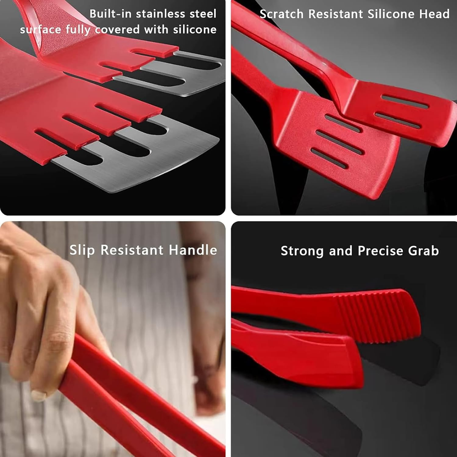 Silicone Kitchen Cooking Tongs, Premium Stainless Steel Silicone Barbecue Clamp, Multipurpose BBQ Clamp Spatula for Gripper Bread Clip, Fried Steak, Flipping Fish, Toast Salad Tongs - 11 Inch image number 5