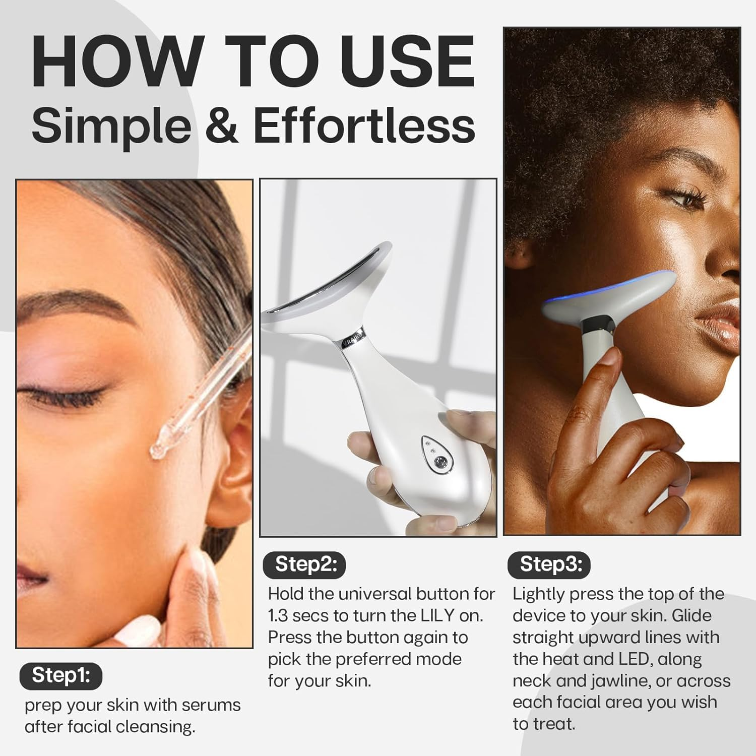 VRAIKO Lily Neck Face Massager, Face Sculpting Tool, Skin Rejuvenation Device with Thermal, Triple Action LED and Vibration, for Anti-Aging, Lifting and Tightening (Pearl White)