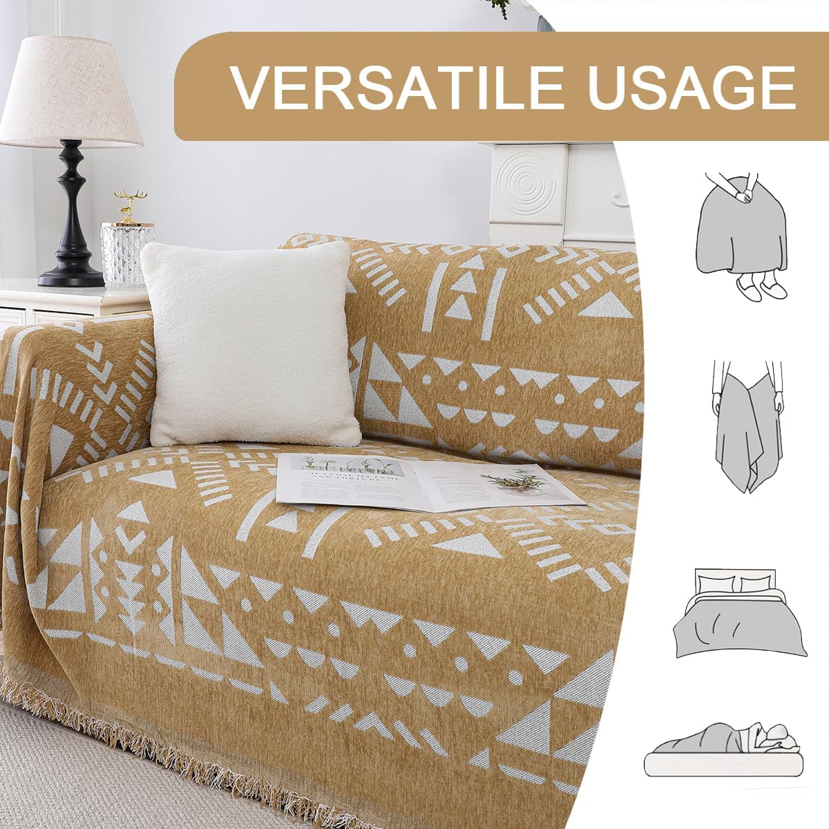 Smarcute Chenille Sofa Cover for Cushion Couch Sofa Slipcover Soft Couch Cover for Sectional Couches Sofa Towel Cover for Living Room Furniture Throw Covers for Pets Dog(Xx-Large,180X381Cm, Khaki) image number 6