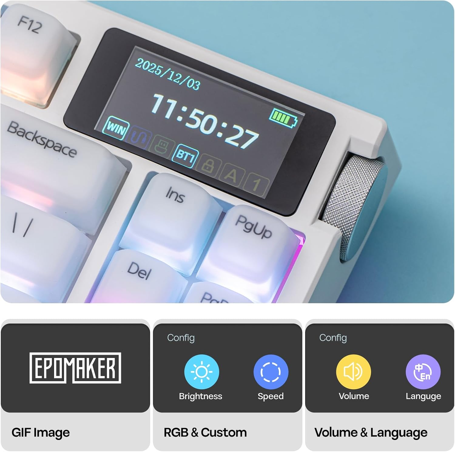 EPOMAKER G84 PRO Wireless Gaming Keyboard with Screen&Knob, 75% Creamy Mechanical Keyboard, 8000Mah, Hot Swappable, Silicone Keycaps, BT5.0/2.4G/USB-C Mode, NKRO, RGB (White, Creamy Jade Switch) image number 5