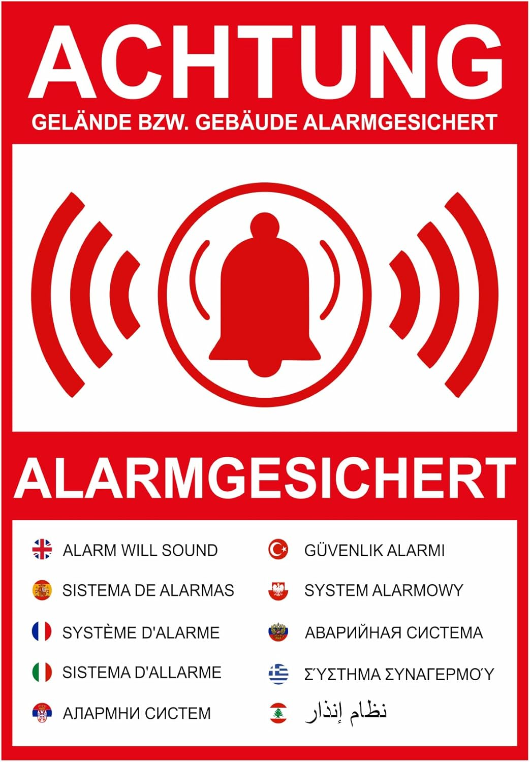 Warning Alarm Secured Safety Sticker - Safety Sticker for Secured Buildings or Site in 10 Languages (16 X 23 Cm) White Background with Black Lettering TC-037