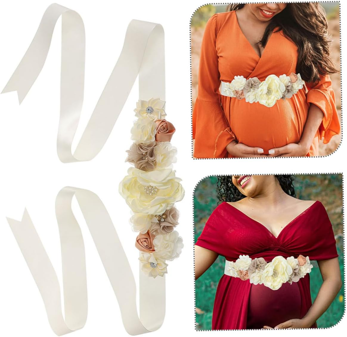 2Pcs Flower Maternity Belly Sash Bridesmaid Sash Belt Dad Mommy Wedding Belt Photo Prop - Beige image number 3