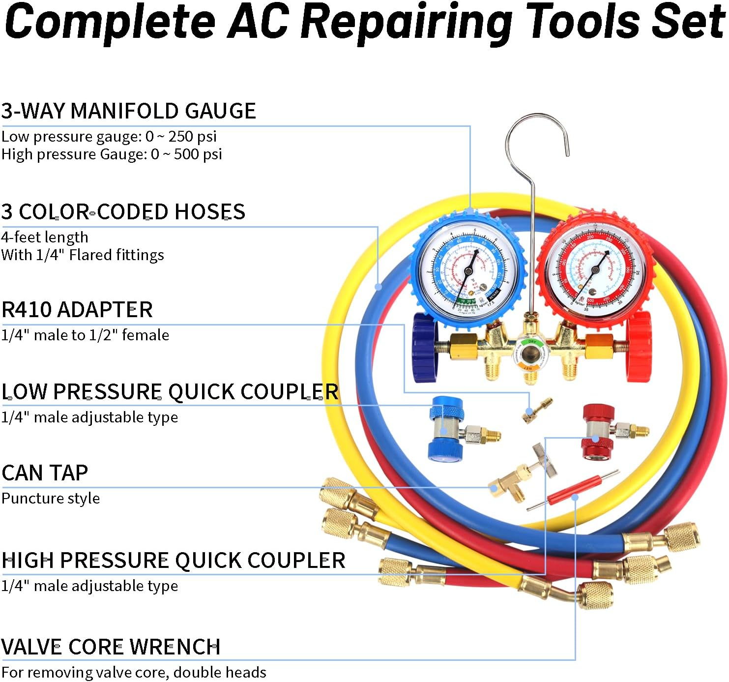 PB Motor Tech 4.5 CFM Vacuum Pump Set with Brass Manifold Gauge, Quick Couplers, 410 Adapter, Can Tap & Valve Core Tool, for R134A, R12, R22, R502 Refrigerants. for A/C Maintenance in Vehicles & Homes image number 4