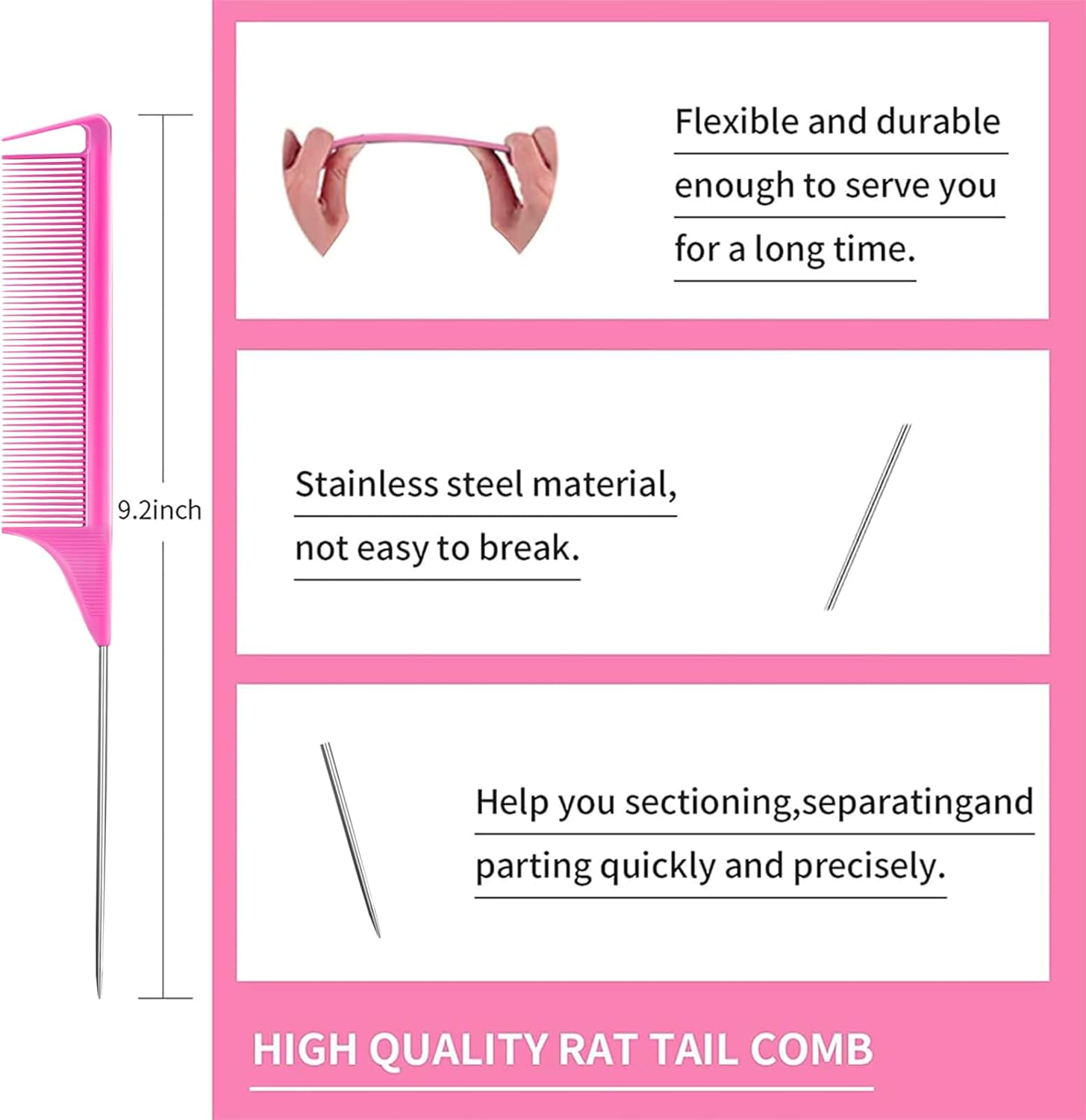 8 Pieces Styling Comb Set - Teasing Brush, Rat Tail Comb, Edge Brush for Slicking and Combing Hair for Women (Pink)