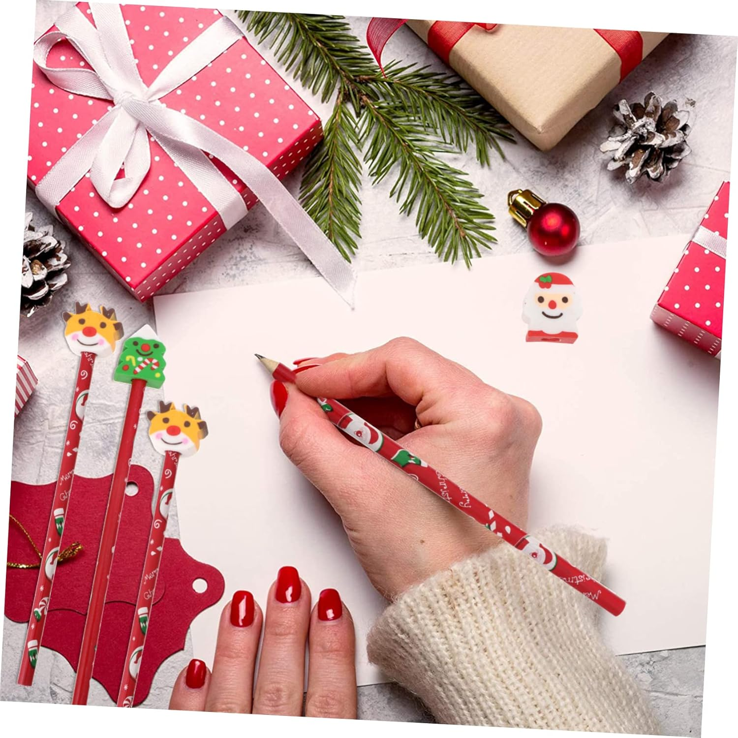 6Pcs Christmas Series Stationery Pencils Eraser Cartoon Christmas Pencil for Boys and Girls and Boy Girl'S Learning Supplies Random Style image number 6