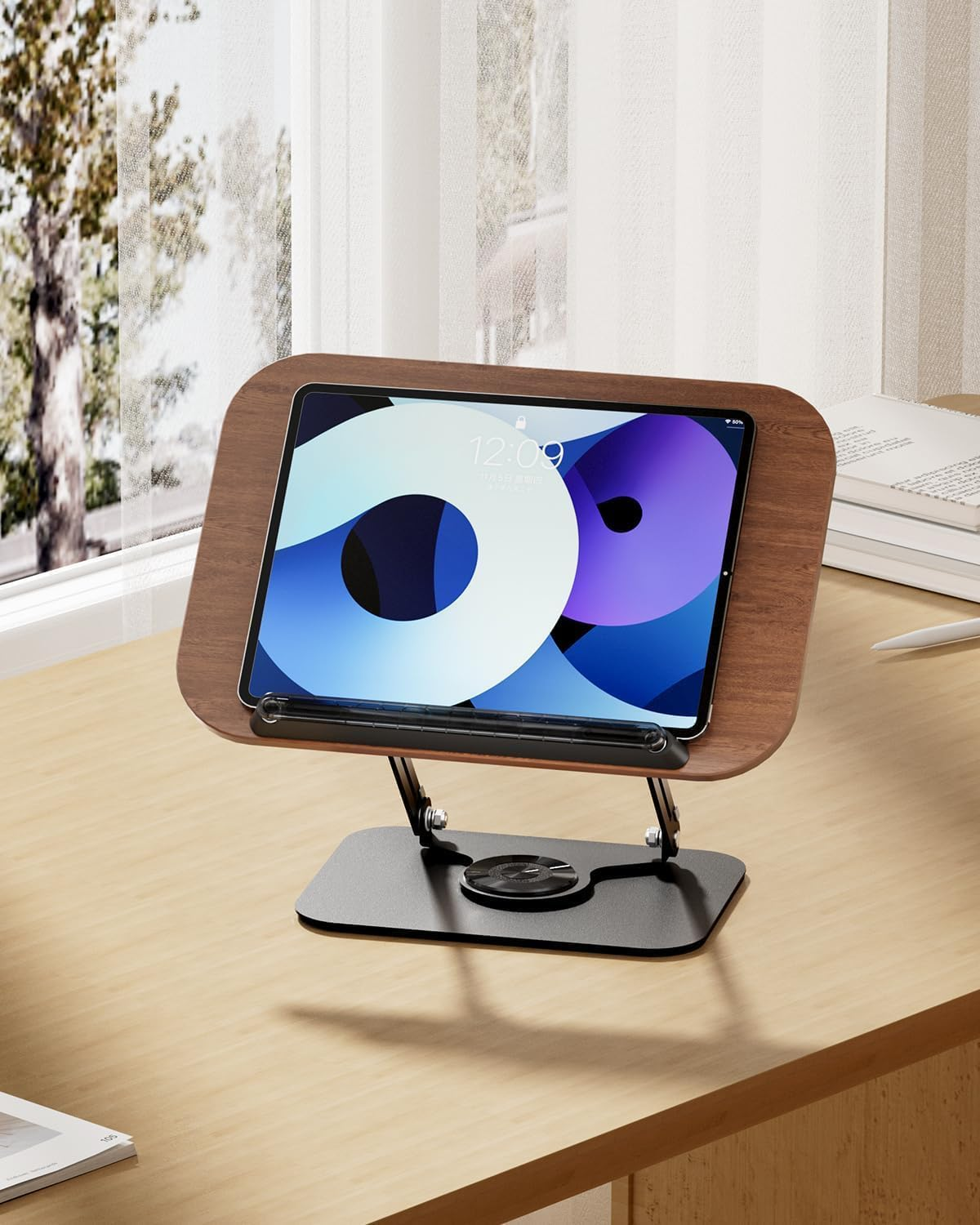 Book Stand for Reading,Book Holder, Height&Angle Adjustable, 360&deg; Rotating Base, Foldable and Portable, Lightweight for Office, Kitchen, School Textbook, Recipe,Kindle,Tablet (Dark Wood) - Dark Wood image number 2