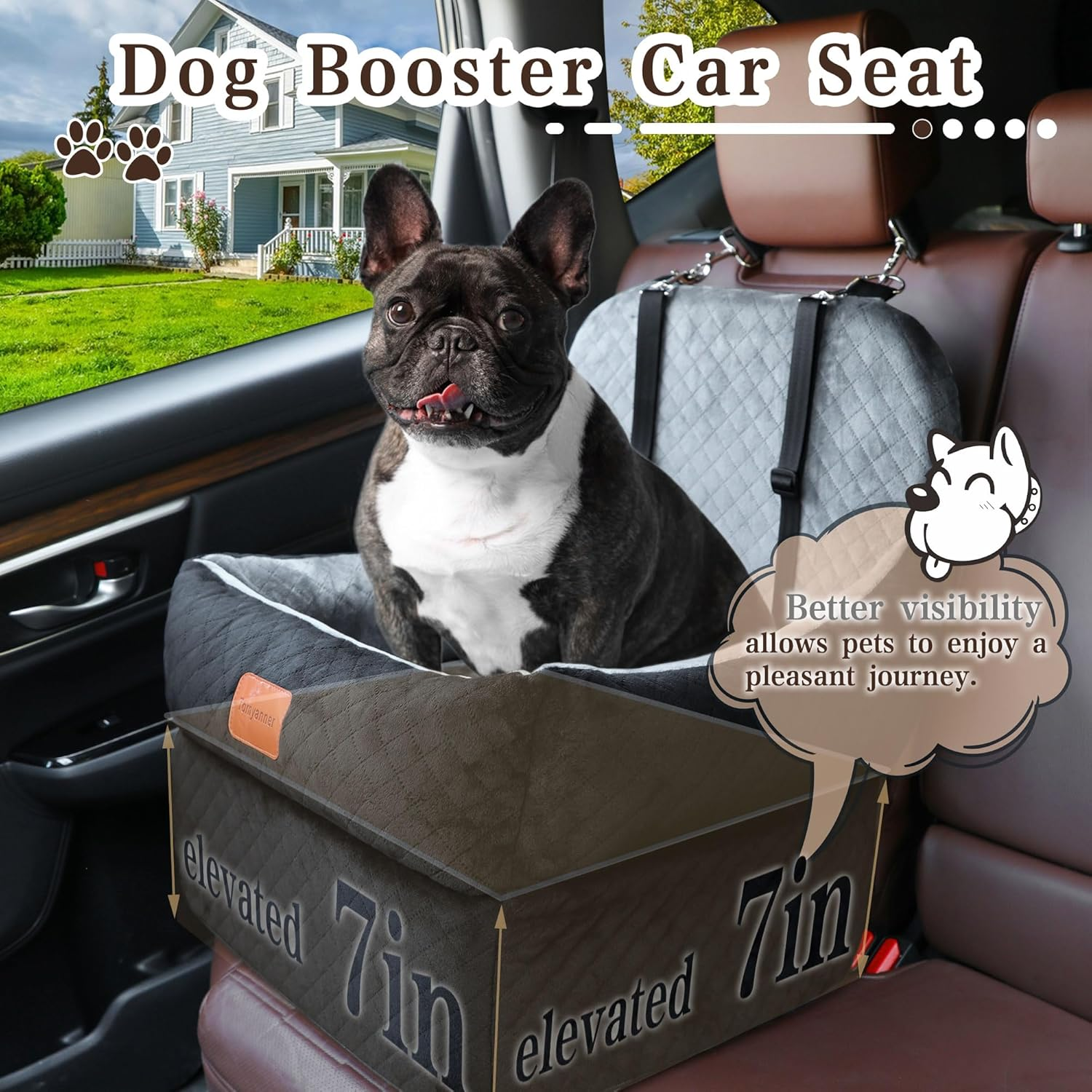 Dog Booster Car Seat for Small/Medium Dogs up to 35 Lbs,Interior 7 Inches Elevated Pet Booster Seat,Ultra Soft Fabric and Memory Foam Car Dog Bed,Safety,Comfy,Fully Detachable Washable(H-Black/Grey) image number 4