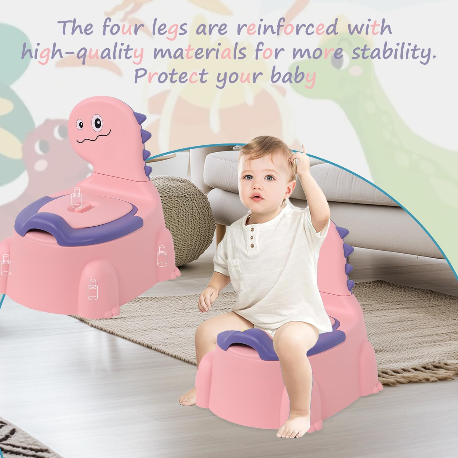 Kaiounni Toddler Potty Seat &ndash; Comfortable Dinosaur Design Toilet Trainer with Non-Slip Mat, Backrest, Soft Lid, and Portable for Boys & Girls Aged 1-6, Safe Potty Training Seat (Pink) image number 6