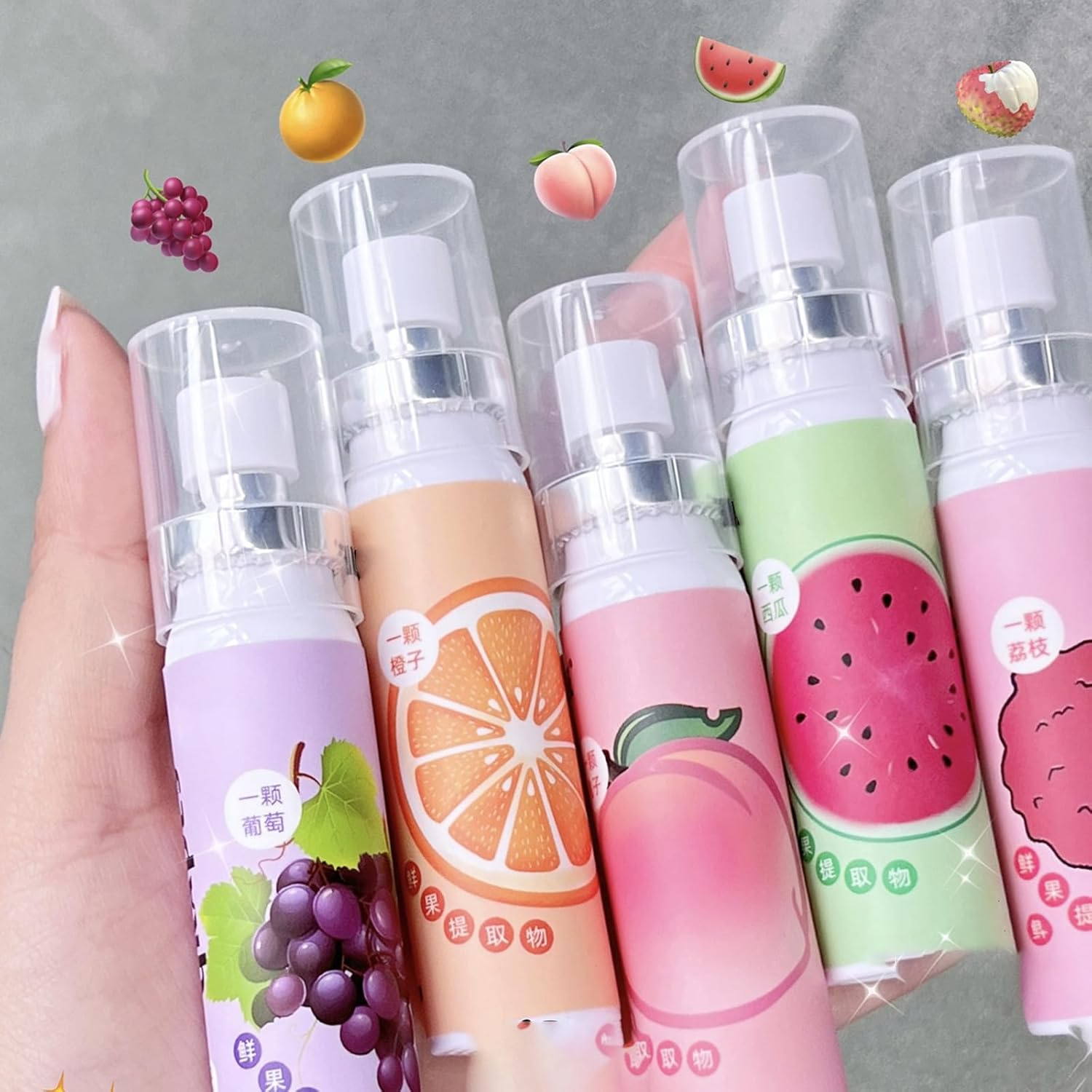 Fresh Mouth Remove Bad Odor Mini Spray, Peach Lychee Grapes Oranges Watermelon Fruit Scent No Alcohol Mouth Spray 5Pcs