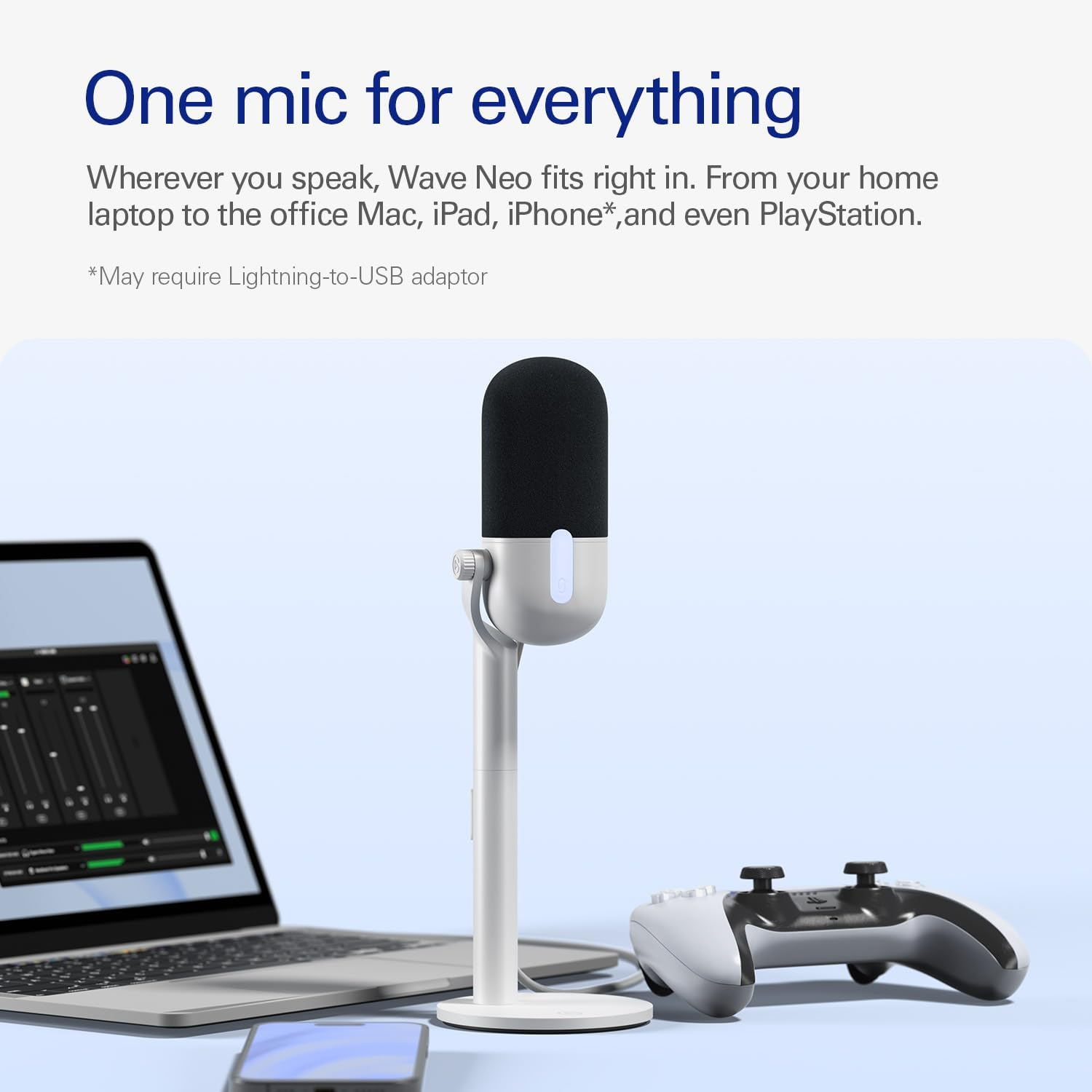 Elgato Wave Neo &ndash; USB Condenser Microphone, Tap to Mute, for Gaming, Streaming, Meetings, Voice Recording on Teams/Zoom/Obs/Twitch/Youtube & More, Plug-&rsquo;N-Play, Works on Laptop, PC, Mac, Ipad, Iphone