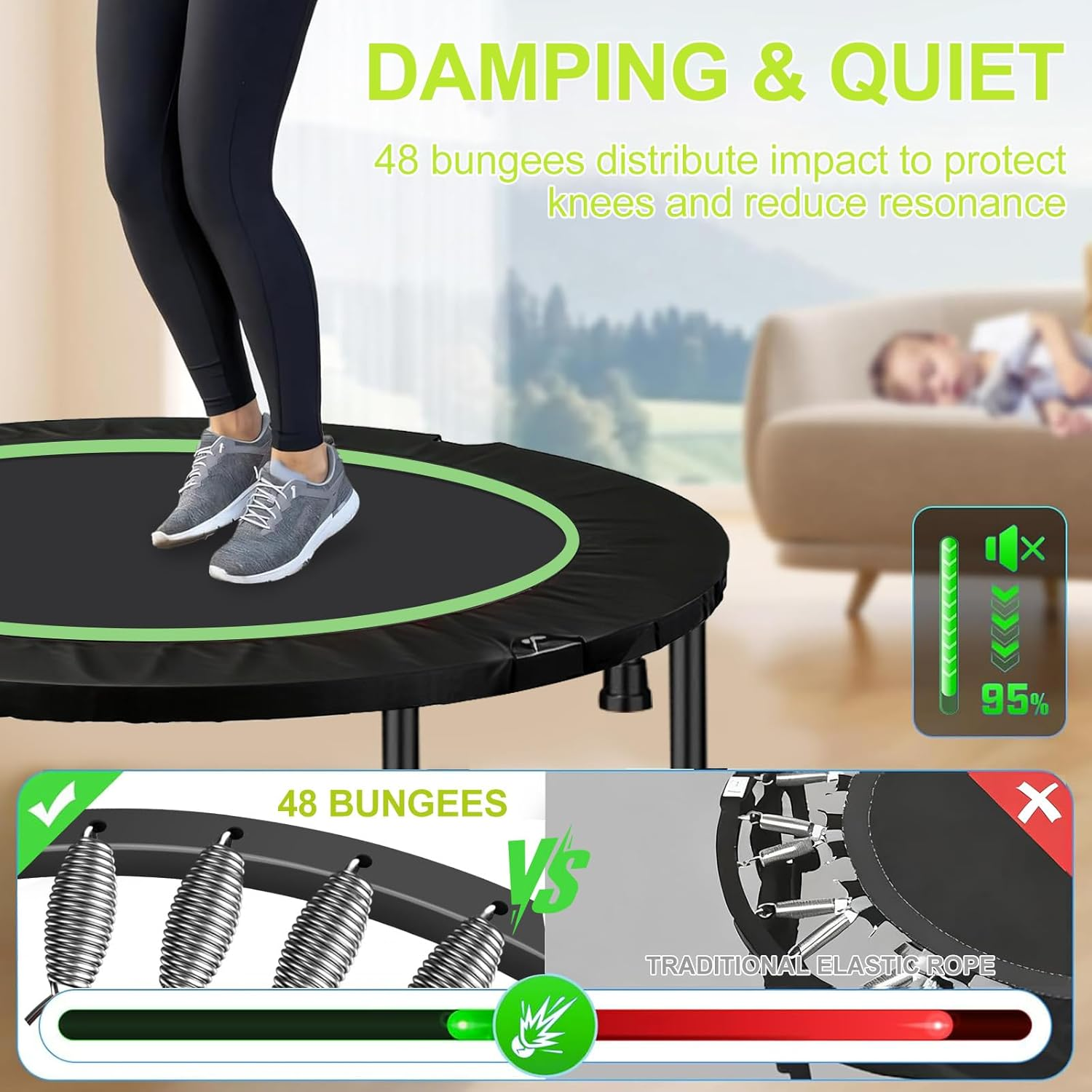 48" Rebounder Mini Trampoline Max Load 350Kg, Foldable Fitness Trampoline with Adjustable Foam Handle, T Shape Trampoline Suitable for Adults and Kids image number 3