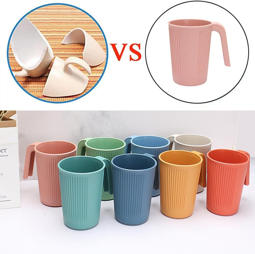 8 Pcs Wheat Straw Cup with Handle Colorful Wheat Straw Mug Stackable Plastic Coffee Cups Set 12 Oz Unbreakable Coffee Mug Reusable Plastic Mug Dishwasher Safe for Coffee Milk Tea image number 4