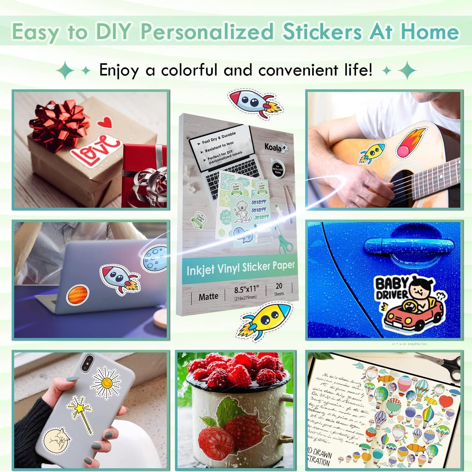 Koala Printable Vinyl Sticker Paper for Inkjet Printer - Matte White, 20 Sheets Waterproof Sticker Paper A4 Size, Tear Resistant, Work with Cutting Machine