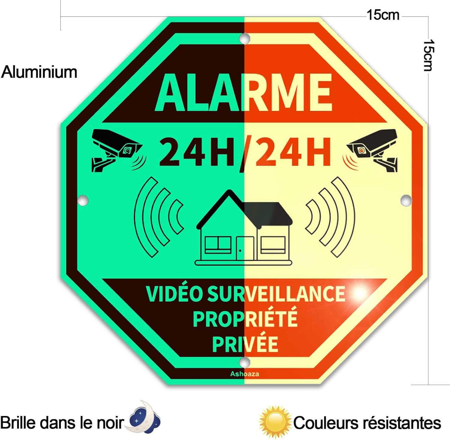 Fr-French Private Property Phosphorescent Aluminium 3 Security Alarms with CCTV Self Adhesive Video Surveillance Signs for Home Alarms Octagonal 15 X 15 Cm