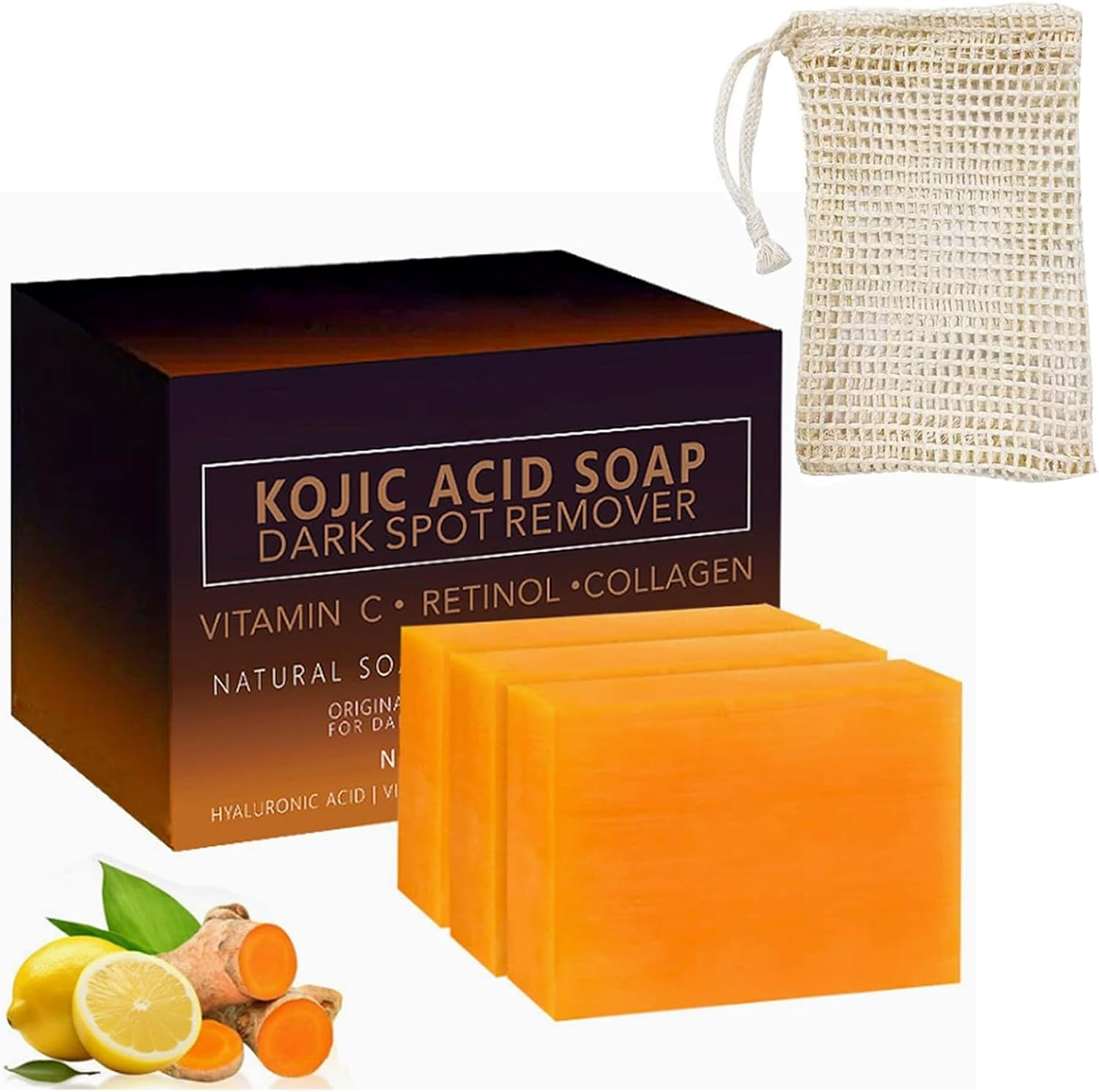 3PCS Turmeric and Kojic Acid Soap with Handmade Soap Bubble Mesh Bag,Honey Glow Lemon Turmeric Kojic Acid Soap Bar for Face and Body with Vitamin C image number 2