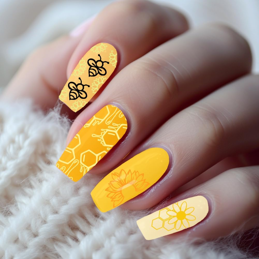 Beinkmake 3Pcs Bee Nail Stamping Plate Flowers Honeycomb Nail Art Stamp Templates Stainless Steel Reusable Tools with Stamper Scraper for Manicure Printing image number 6