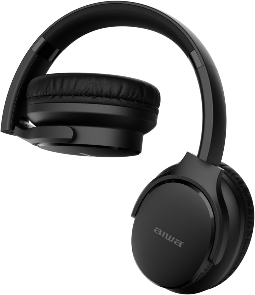 Aiwa Over-Ear Bluetooth Headphones with Cable, Aeroplane Adaptor, Black AWH2H-BLK