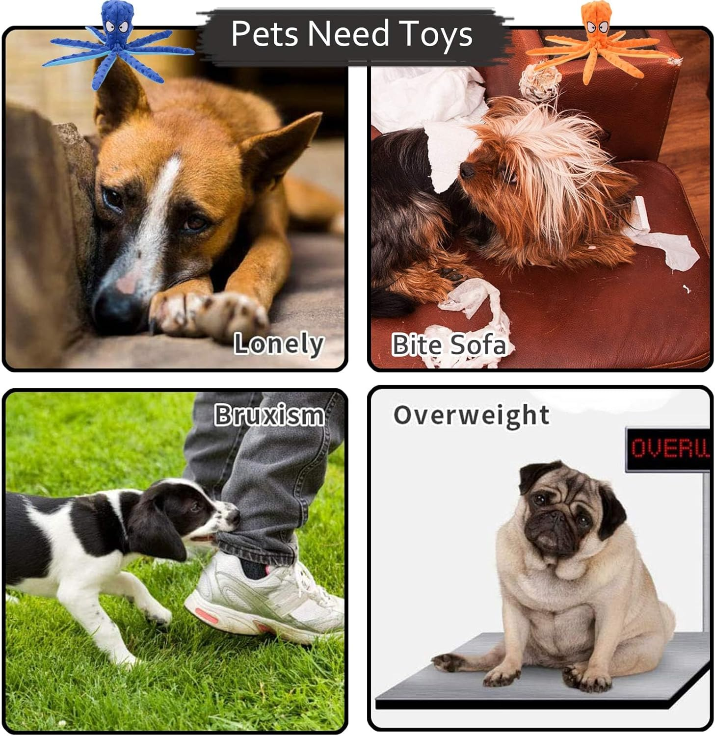 Dog Squeaky Toys，Octopus Interactive Play Toy，No Stuffing Plush Dog Chew Toy with Crinkle Paper for Medium and Large Dog Playing (Orange) - Blue image number 2