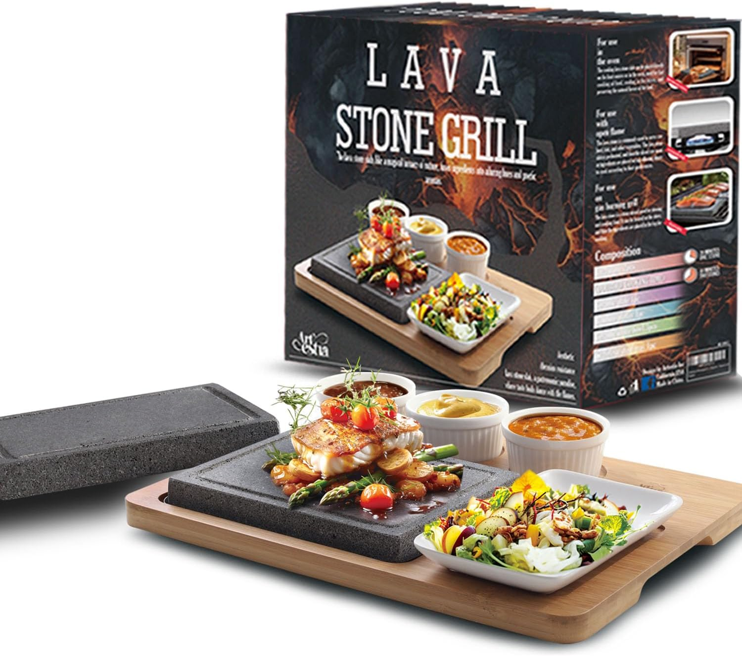 Artestia Volcanic Lava Rock Cooking Stones for Steak - 2-Piece 8.46&times;6.49In Stone with 1 Bamboo Tray, 3 Sauces Bowls, Grill & BBQ Hot Stones for Indoor Outdoor Use - Upgraded Version image number 2