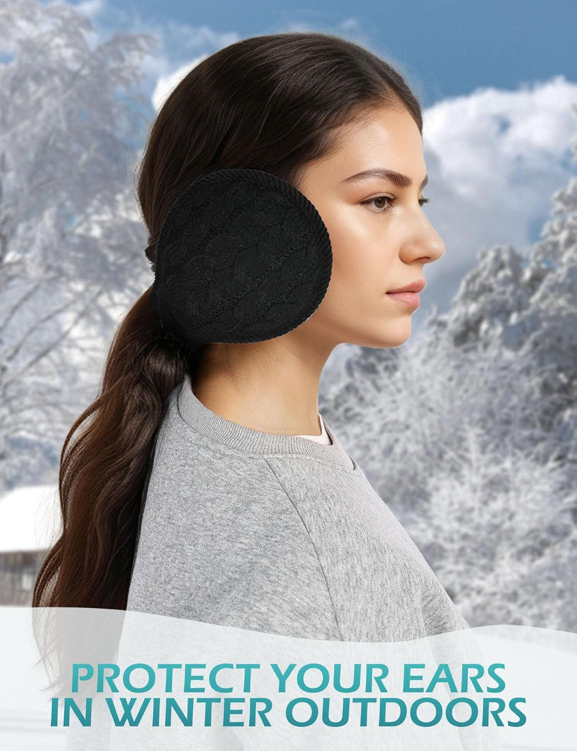 Surblue Unisex Warm Knit Earmuffs Ladies Cashmere Winter Pure Color Outdoor Fur Earwarmer, Adjustable Wrap image number 4