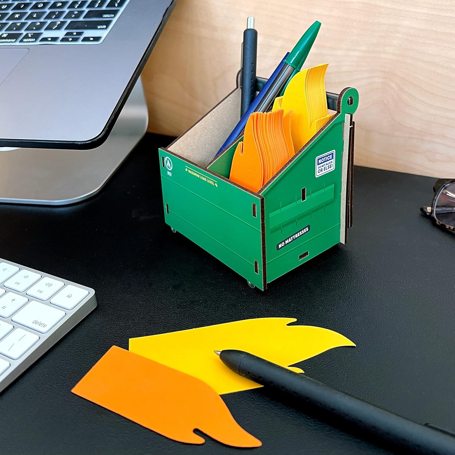 Genuine Fred Desk Dumpster Pencil Holder with Flame Note Cards, 3 Compartment Organizer for Pens, Pencils, and Office Supplies, Fun Desk Accessory