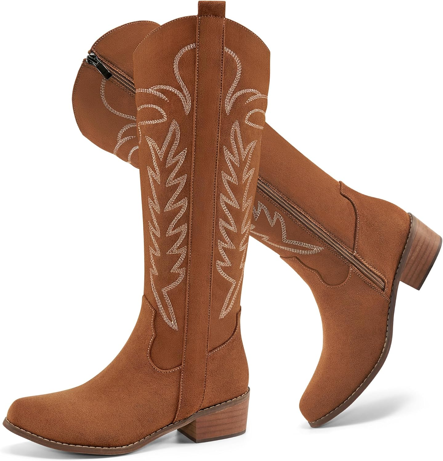 Ecetana Western Cowboy Boots for Women - Knee High Pointed Toe Chunky Heel Suede Cowgirl Boots with Wide Calf Classic Embroidered Pull on Zipper Tall Boot for 2025 Fall Winter