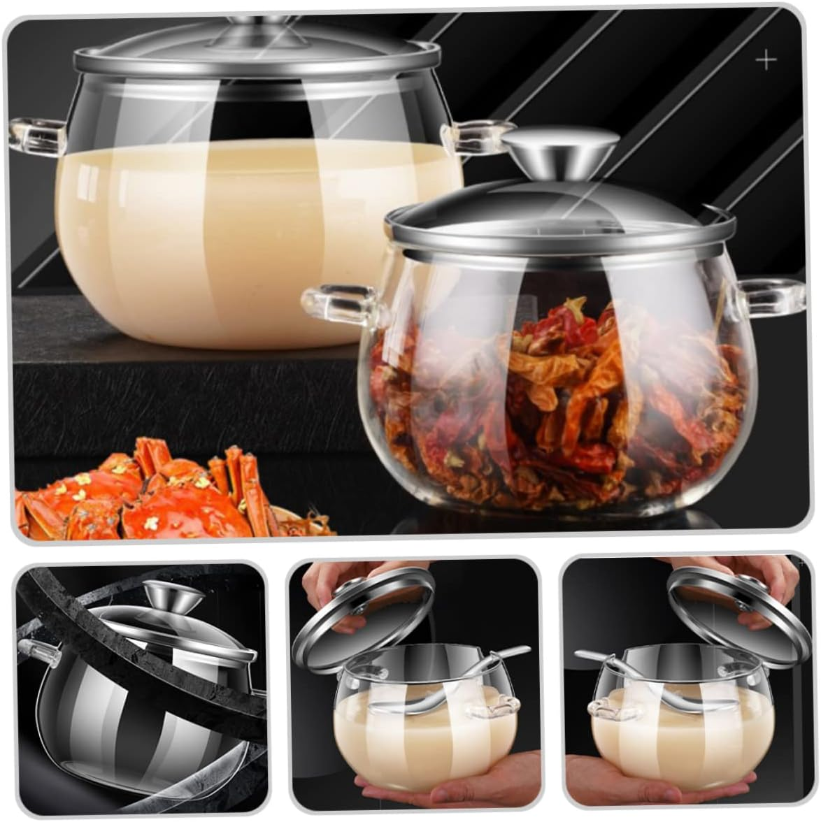 CIYODO Glass Lard Oil Jar with Lid and Spoon 1200Ml Large Capacity Double-Handle Condiment Storage Container Kitchen Seasoning Jar for Home Use image number 1