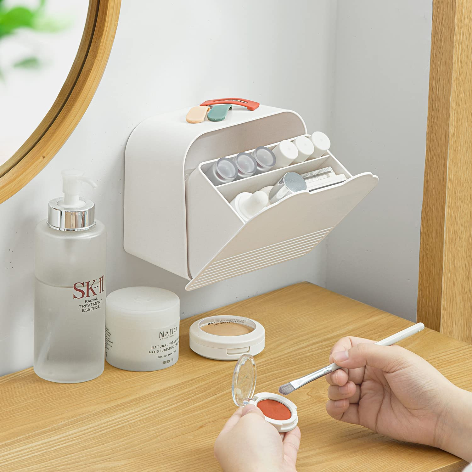 MORNITE Bathroom Canisters Organizer Storage Box Container Feminine Day Overnight Pad Holder Cotton Qtip Makeup Sponges Holder,White - Brown image number 6